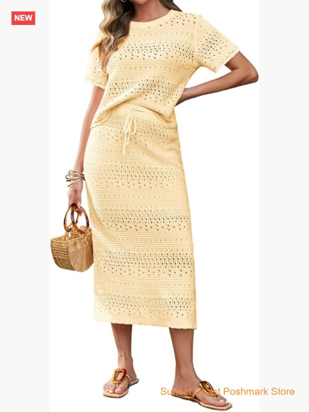 Womens Crochet Cover Up 2 Piece Skirt Set Short Sleeve Knit Top Midi Skirt